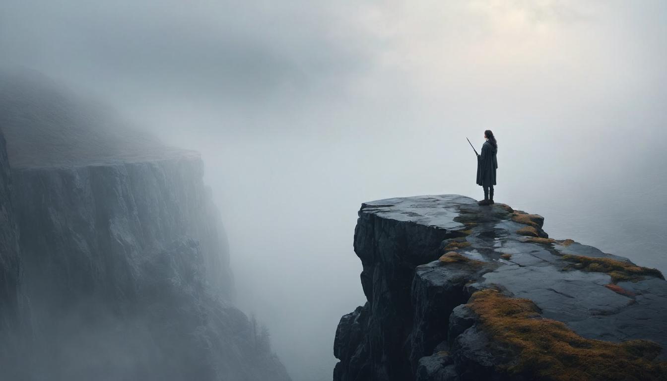  digital illustration, 1woman, standing on a cliff edge, staring into a dense fog below, cliff edge detailed with rough textures, contrast between her clarity and the fog, contemplative, mysterious, solitary, looking at viewer, dynamic pose, (intricate details, masterpiece, best quality)