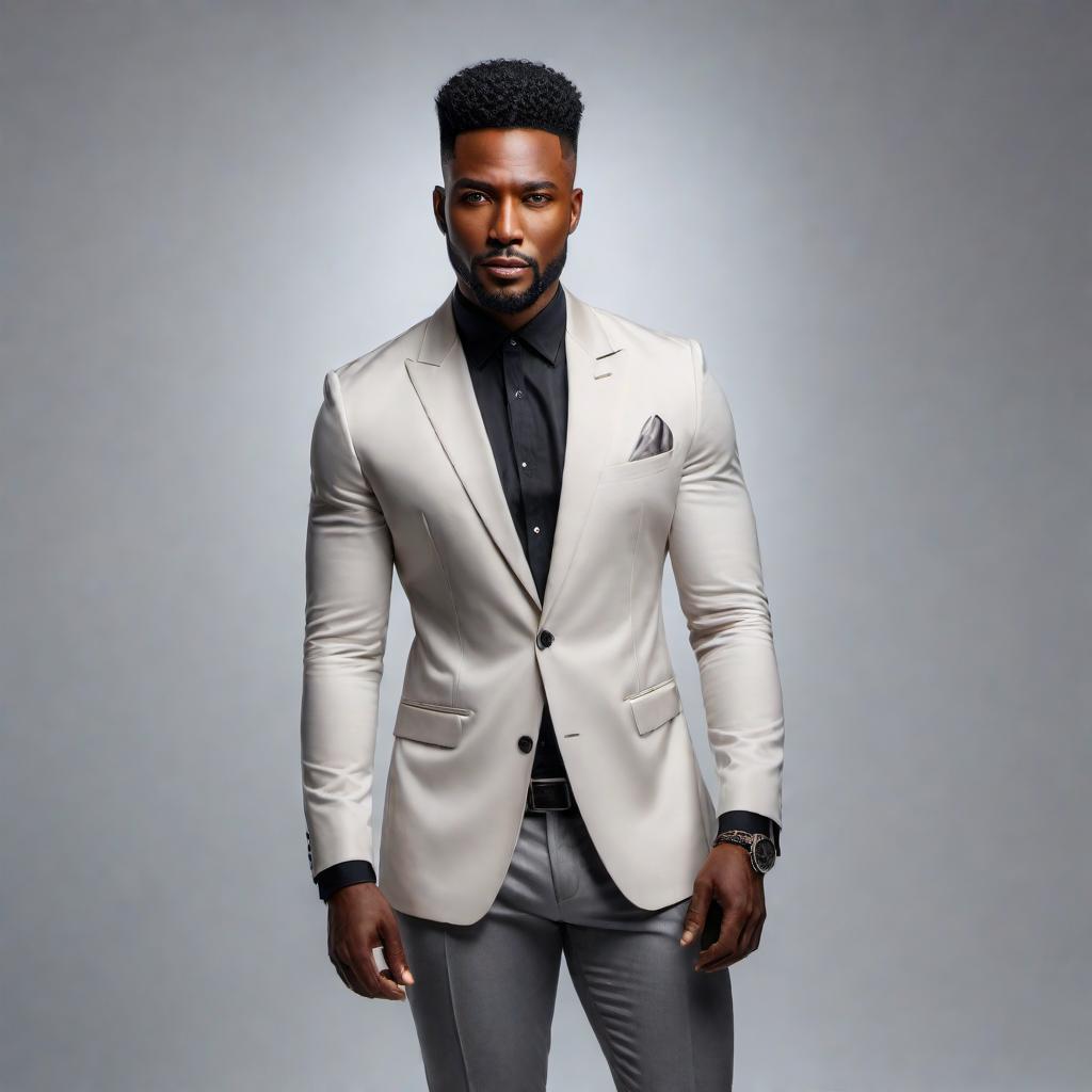  A black man with an expressive face and stylish attire. He has short hair and a confident look. The background is simple to keep the focus on his figure. hyperrealistic, full body, detailed clothing, highly detailed, cinematic lighting, stunningly beautiful, intricate, sharp focus, f/1. 8, 85mm, (centered image composition), (professionally color graded), ((bright soft diffused light)), volumetric fog, trending on instagram, trending on tumblr, HDR 4K, 8K