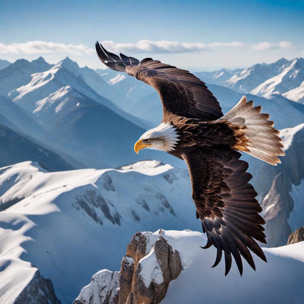  A majestic eagle soaring gracefully over snow-capped mountains, with a clear blue sky in the background, capturing a sense of freedom and power. hyperrealistic, full body, detailed clothing, highly detailed, cinematic lighting, stunningly beautiful, intricate, sharp focus, f/1. 8, 85mm, (centered image composition), (professionally color graded), ((bright soft diffused light)), volumetric fog, trending on instagram, trending on tumblr, HDR 4K, 8K