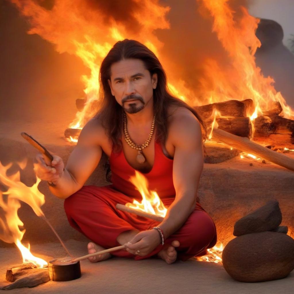  Shaman, a spiritual person.Playing on the wargan (ancient musical instrument) A fire burns nearby.The shaman has a heart, chakras, a thread comes from the central chakra to the fire.