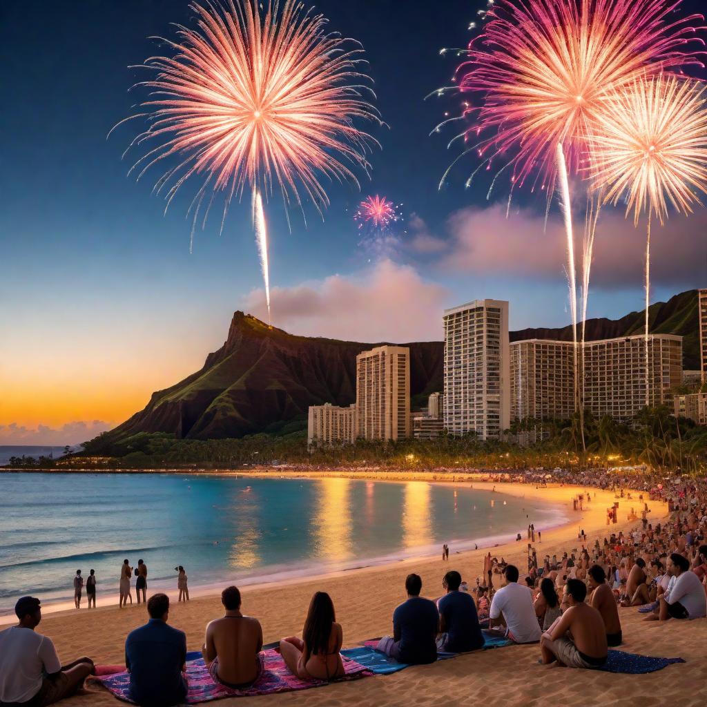  A vibrant fireworks show taking place over Diamond Head and Waikiki. The scene includes the iconic silhouette of Diamond Head in the background, with colorful fireworks illuminating the night sky. The foreground features the beach and ocean, with reflections of the fireworks on the water. People are gathered on the beach, some standing, some sitting on blankets, all enjoying the spectacular display. The setting is lively and festive, capturing the essence of a tropical celebration. hyperrealistic, full body, detailed clothing, highly detailed, cinematic lighting, stunningly beautiful, intricate, sharp focus, f/1. 8, 85mm, (centered image composition), (professionally color graded), ((bright soft diffused light)), volumetric fog, trending on instagram, trending on tumblr, HDR 4K, 8K