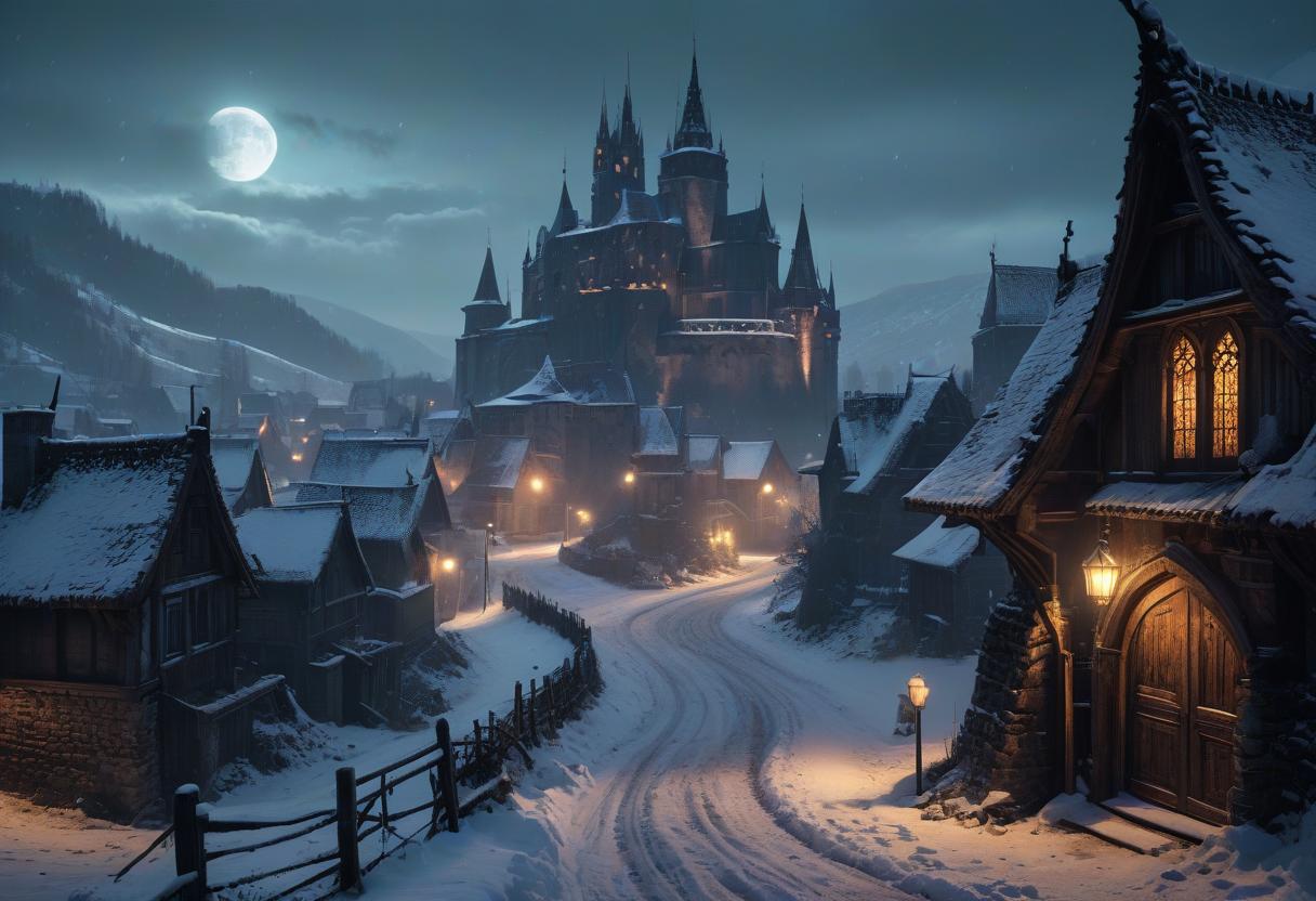  lovecraftian horror No people. Small village in Romania in the snow. In the style of Jean Baptiste Monge, old gothic rickety buildings. Bunches of garlic hang on the doors of houses. Dracula's castle is visible in the distance. Night, bats fly in the sky. Scary. Details. Lots of embellishments and small details, detailed look. soft colors, HDR, 4K . eldritch, cosmic horror, unknown, mysterious, surreal, highly detailed, Civitai, GLOWNEON hyperrealistic, full body, detailed clothing, highly detailed, cinematic lighting, stunningly beautiful, intricate, sharp focus, f/1. 8, 85mm, (centered image composition), (professionally color graded), ((bright soft diffused light)), volumetric fog, trending on instagram, trending on tumblr, HDR 4K, 8K