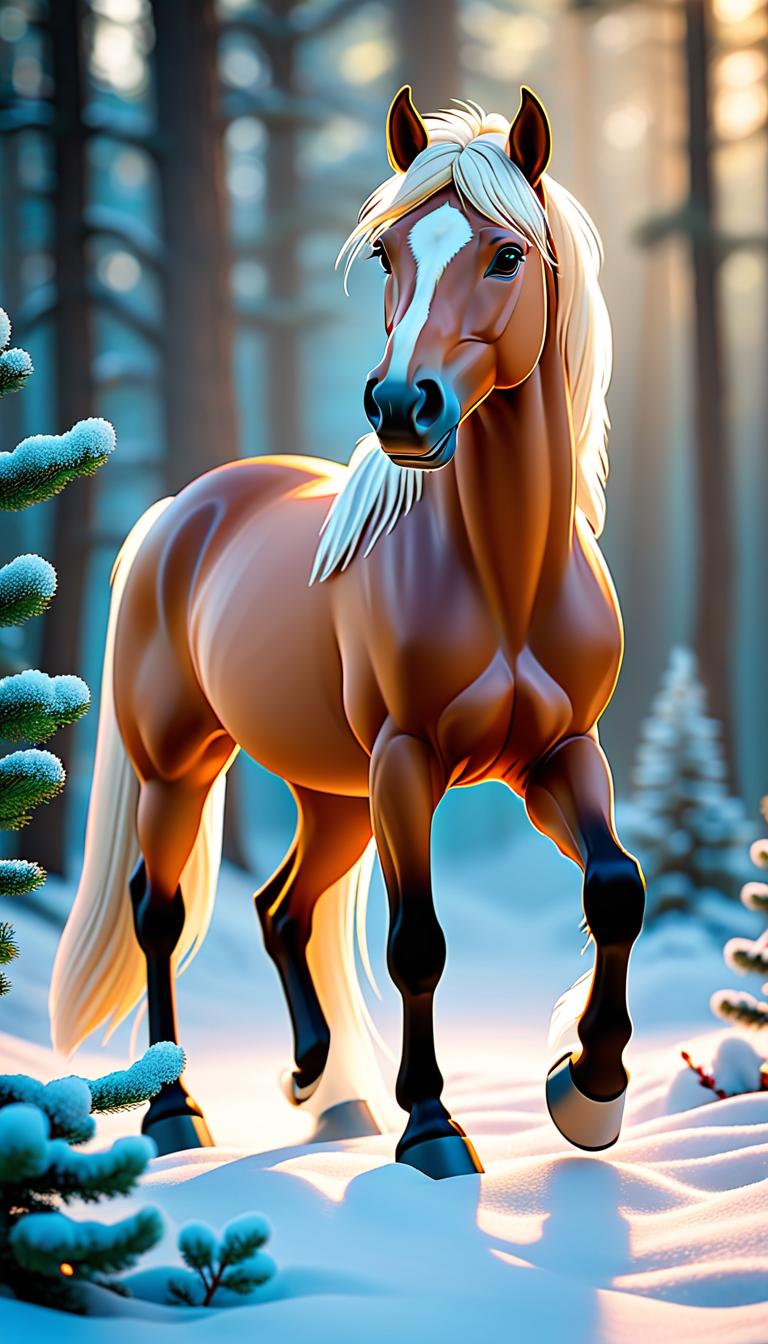  Professional 3D model of A winter horse stands in a forest that has Christmas decorations. The horse is white, with a braid in the man. . Rendered with Octane, the model is highly detailed,dramatic lighting. hyperrealistic, full body, detailed clothing, highly detailed, cinematic lighting, stunningly beautiful, intricate, sharp focus, f/1. 8, 85mm, (centered image composition), (professionally color graded), ((bright soft diffused light)), volumetric fog, trending on instagram, trending on tumblr, HDR 4K, 8K