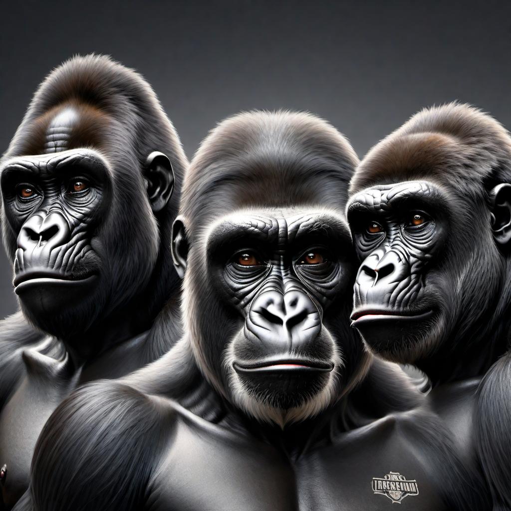  A tattoo design featuring three gorilla skulls representing the 'hear no evil, speak no evil, see no evil' concept. The skulls should be depicted in grayscale and black colors. hyperrealistic, full body, detailed clothing, highly detailed, cinematic lighting, stunningly beautiful, intricate, sharp focus, f/1. 8, 85mm, (centered image composition), (professionally color graded), ((bright soft diffused light)), volumetric fog, trending on instagram, trending on tumblr, HDR 4K, 8K