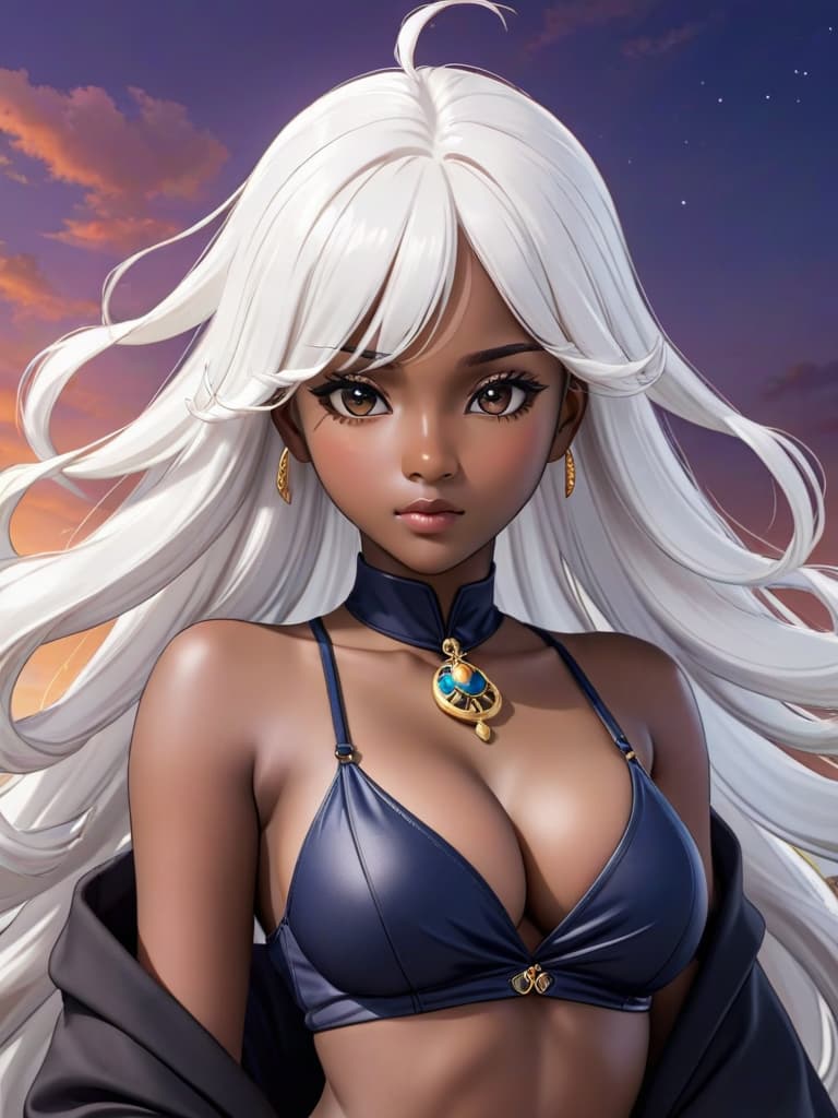  make a dark skinned with white hair anime girl