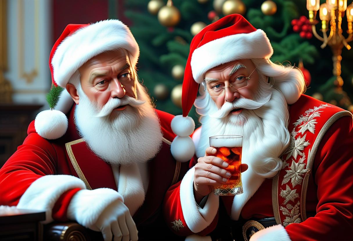  Russian President Dmitry Medvedev drinks vodka with Santa Claus near the New Year tree. hyperrealistic, full body, detailed clothing, highly detailed, cinematic lighting, stunningly beautiful, intricate, sharp focus, f/1. 8, 85mm, (centered image composition), (professionally color graded), ((bright soft diffused light)), volumetric fog, trending on instagram, trending on tumblr, HDR 4K, 8K