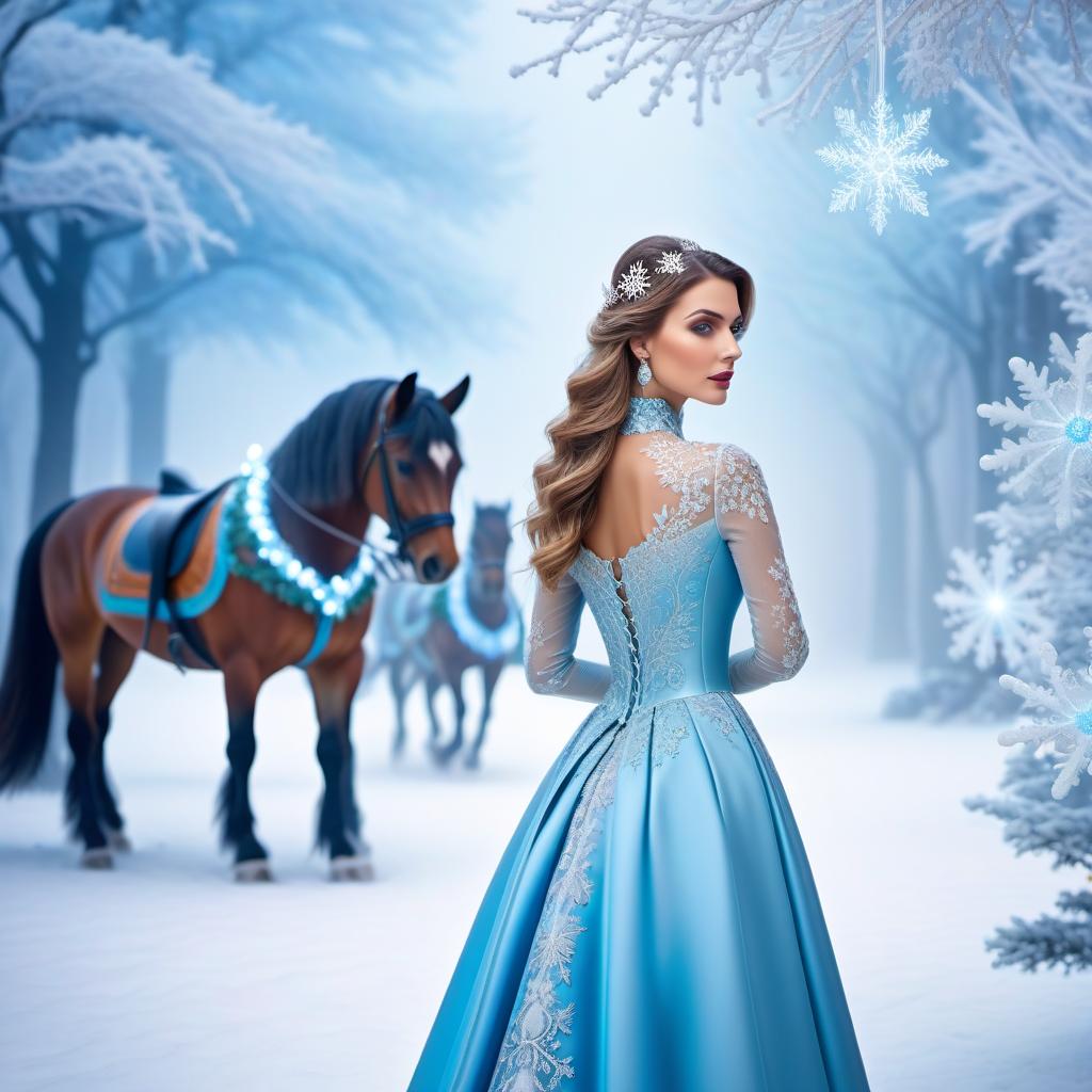  ethereal fantasy concept art of Digital image (double exposure). Park ride. Carousel, ice ponies spinning to the rhythm of a blizzard. Manes of thin openwork snowflakes. On the pony sits a little girl in a smart lace dress and a fur coat thrown over her shoulders. Sparkling, sparkling blue neon. Shades of white to blue. (Christmas decor: candy, caramel, wreath, poisettia). Unusual designs, sparkling surfaces. Lots of snowflakes. White snow. Silver filigree, pattern. Stylisation, decorative. Background : surreal abstraction. Stylistics : fantasy, fairy tale, Soviet animation. High quality. . magnificent, celestial, ethereal, painterly, epic, majestic, magical, fantasy art, cover art, dreamy, hkmagic hyperrealistic, full body, detailed clothing, highly detailed, cinematic lighting, stunningly beautiful, intricate, sharp focus, f/1. 8, 85mm, (centered image composition), (professionally color graded), ((bright soft diffused light)), volumetric fog, trending on instagram, trending on tumblr, HDR 4K, 8K