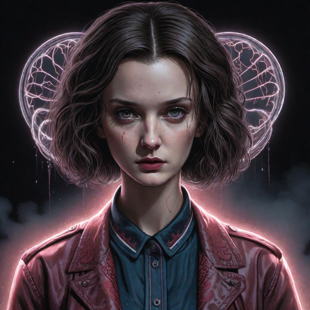  Sketchy Gothic style drawing of Eleven from Stranger Things using her psychic powers. She is depicted with a nosebleed, her eyes focused and intense, as she uses her telekinetic abilities to lift or manipulate objects around her. The background features dark, eerie Gothic elements with intricate detailing and a sketch-like quality, evoking a supernatural atmosphere typical of the show. hyperrealistic, full body, detailed clothing, highly detailed, cinematic lighting, stunningly beautiful, intricate, sharp focus, f/1. 8, 85mm, (centered image composition), (professionally color graded), ((bright soft diffused light)), volumetric fog, trending on instagram, trending on tumblr, HDR 4K, 8K