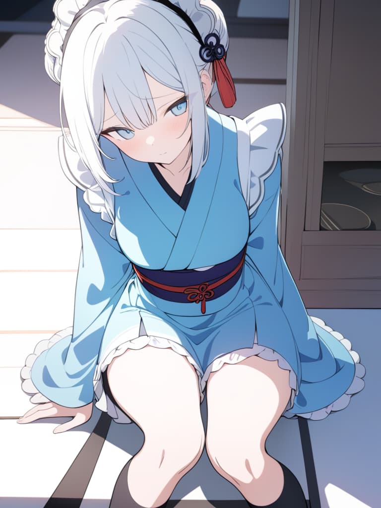  ((Kimono, Kimono Maid, Japanese Style Maid, Wearing Maid Apron Over Kimono, Blue Kimono, Mini Length Kimono, Knee High Socks, Black Tights) CK Hair, Light Blue Eyes, SHY, EMBARRED FACE, MAID HAIR Accessory, Japanese Patterned Kimono, Japanese Style Cafe, Cute, Beautiful Girl, Beautiful, Bes T Shadow, Cute and Beautiful Face, (Masterpiece: 1.2), (Best Quounty: 1.2), Detailed Background, High Contrast, (Best Illumination, An Extremely Delicate and Beautiful), ((Cinematic Light)), Hyper Detail, I, I NTRICATE DETAILS, 8K, Anime, VERY AESTHETIC, close camera work, from head to knee Be, masterpiece, best quality,8k,ultra detailed,high resolution,an extremely delicate and beautiful,hyper detail