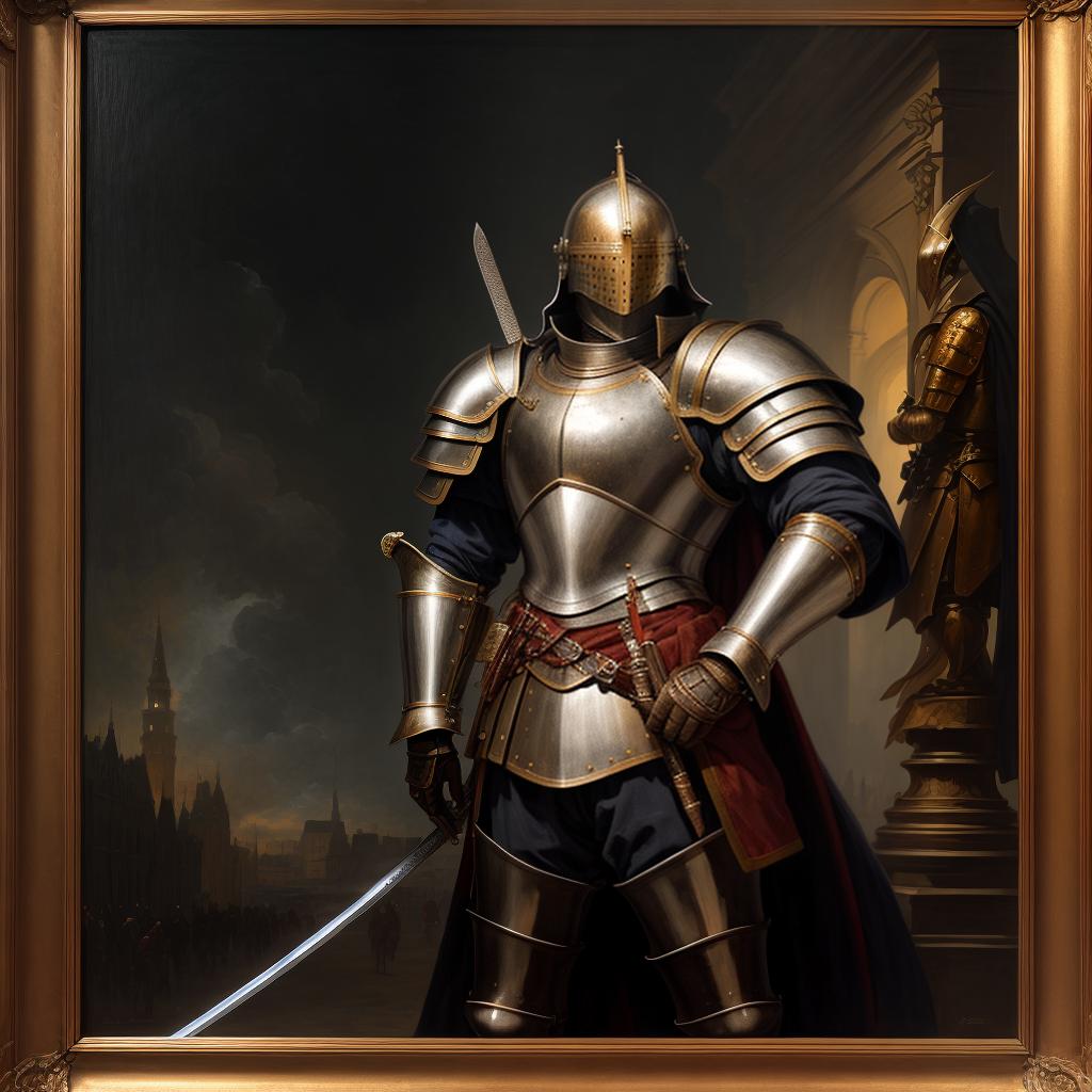  A expensive oil painting of a European knight with his armour and his sword position for his photo