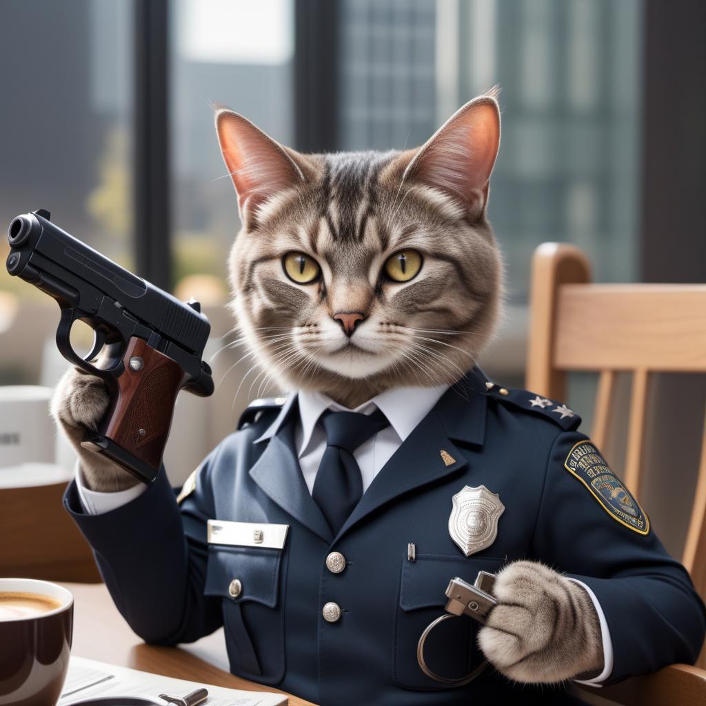  A meme of a cat with a very human-like appearance, dressed in a police uniform, sitting at a table. The cat is holding a handgun and a coffee mug. There’s a caption at the top that says "I HAVEN'T HAD MY COFFEE YET" and at the bottom "DON'T PURRR-SUE ME". The meme plays on the phrase "don't pursue me" with a humorous twist, replacing "pursue" with "purr-sue," referencing the sound that cats make. hyperrealistic, full body, detailed clothing, highly detailed, cinematic lighting, stunningly beautiful, intricate, sharp focus, f/1. 8, 85mm, (centered image composition), (professionally color graded), ((bright soft diffused light)), volumetric fog, trending on instagram, trending on tumblr, HDR 4K, 8K