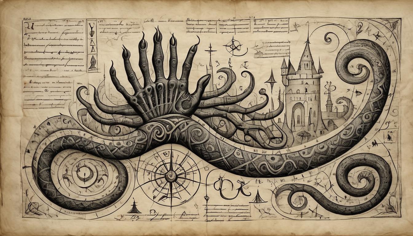  on parchment, surrealism+++, A complex pattern of interconnected lines and symbols, a dark hand reaching through them, serpentine shapes and shadowy forms, intricate and layered(mysterious, provocative, symbolic,muted color)+++