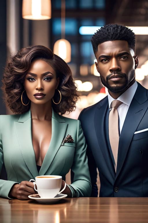  2 Very Beautiful African Women in business suits with determined looks with a cup of coffee in their hands, realistic image hyperrealistic, full body, detailed clothing, highly detailed, cinematic lighting, stunningly beautiful, intricate, sharp focus, f/1. 8, 85mm, (centered image composition), (professionally color graded), ((bright soft diffused light)), volumetric fog, trending on instagram, trending on tumblr, HDR 4K, 8K