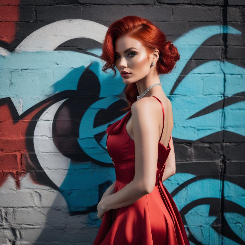  graffiti style young woman, red hair, in a ripped silk dress, posing, looks at the camera, shooting from below, night, moon, city street wall, cool graffiti . street art, vibrant, urban, detailed, tag, mural hyperrealistic, full body, detailed clothing, highly detailed, cinematic lighting, stunningly beautiful, intricate, sharp focus, f/1. 8, 85mm, (centered image composition), (professionally color graded), ((bright soft diffused light)), volumetric fog, trending on instagram, trending on tumblr, HDR 4K, 8K