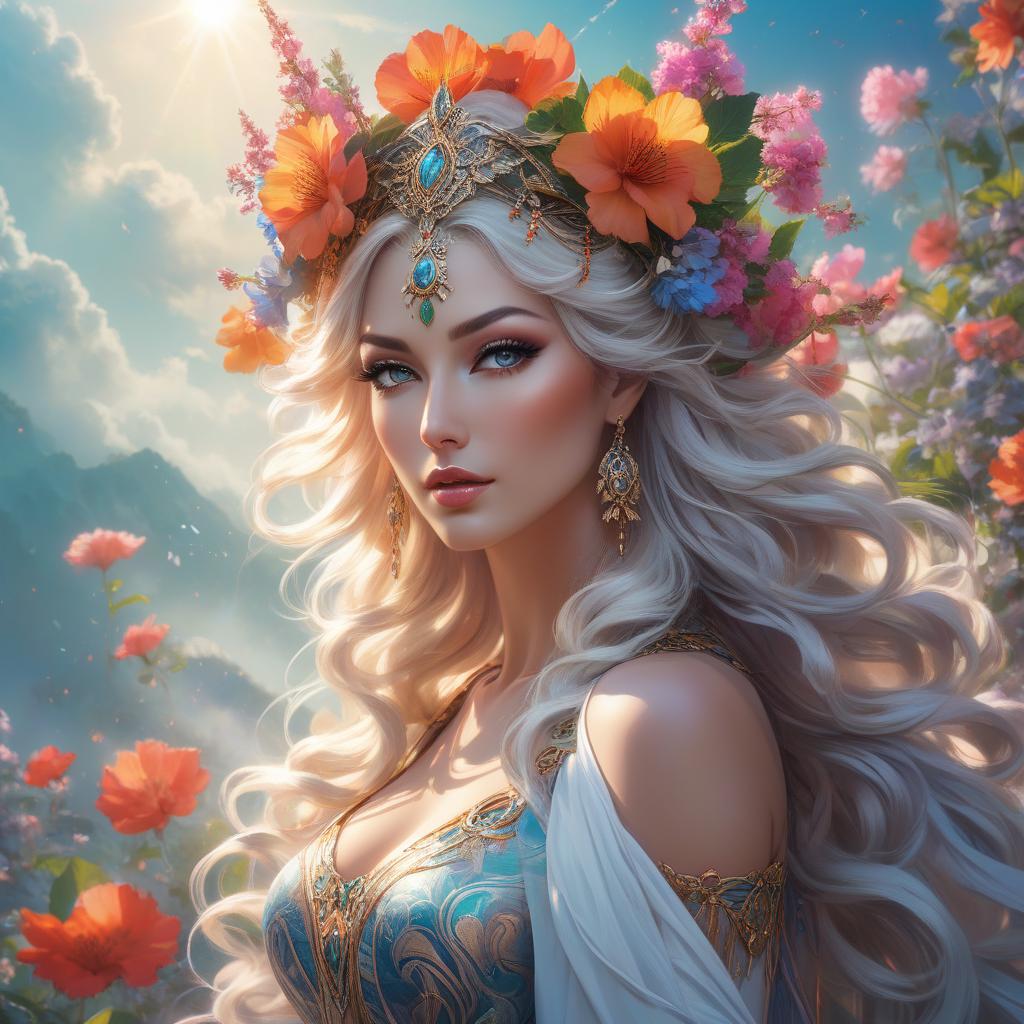  A vibrant portrait of a woman with a floral headdress, swirling hair, and rich, vivid colors conveying a fantasy aesthetic. a painting of a woman with flowers in her hair, flower goddess, beautiful art uhd 4 k, beautiful fantasy art portrait, goddess of nature, beautiful fantasy portrait, goddess of summer, goddess portrait, colorfull digital fantasy art, goddess of spring, beautiful fantasy maiden, portrait of a beautiful goddess, earth goddess mythology, karol bak uhd, the goddess of summer hyperrealistic, full body, detailed clothing, highly detailed, cinematic lighting, stunningly beautiful, intricate, sharp focus, f/1. 8, 85mm, (centered image composition), (professionally color graded), ((bright soft diffused light)), volumetric fog, trending on instagram, trending on tumblr, HDR 4K, 8K