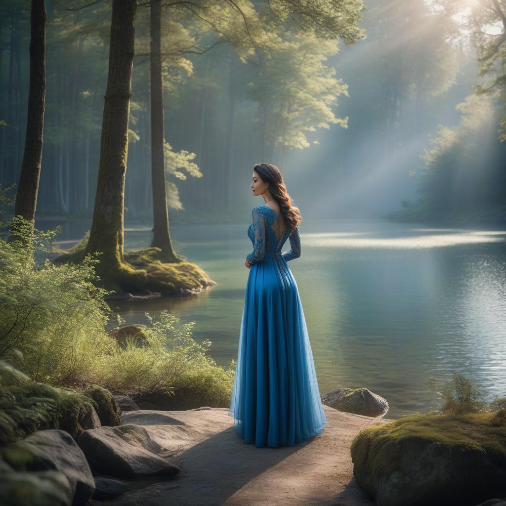  A woman in a blue dress stands by a serene lake surrounded by forest, with soft sunlight filtering through the trees. hyperrealistic, full body, detailed clothing, highly detailed, cinematic lighting, stunningly beautiful, intricate, sharp focus, f/1. 8, 85mm, (centered image composition), (professionally color graded), ((bright soft diffused light)), volumetric fog, trending on instagram, trending on tumblr, HDR 4K, 8K