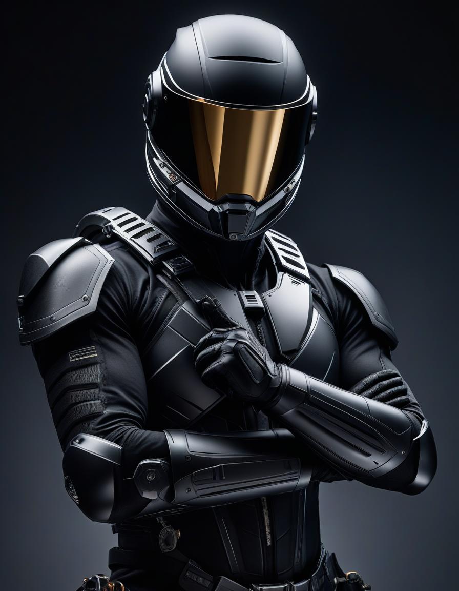  Book cover: A man in a black exoskeleton wearing a helmet, standing with his arms crossed over his chest. No background, very detailed and detailed model hyperrealistic, full body, detailed clothing, highly detailed, cinematic lighting, stunningly beautiful, intricate, sharp focus, f/1. 8, 85mm, (centered image composition), (professionally color graded), ((bright soft diffused light)), volumetric fog, trending on instagram, trending on tumblr, HDR 4K, 8K