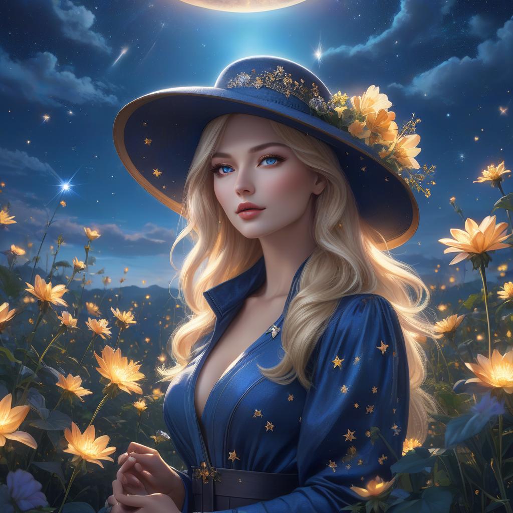  concept art A lady in a hat holding flowers against a beautiful dark blue evening Sky With fireflies and many stars in the sky and the flower he was holding was shining brightly And there are many shooting stars in the sky He has blonde hair and blue eyes, 8k resolution holographic astral cosmic illustration mixed media by Pablo Amaringo . digital artwork, illustrative, painterly, matte painting, highly detailed hyperrealistic, full body, detailed clothing, highly detailed, cinematic lighting, stunningly beautiful, intricate, sharp focus, f/1. 8, 85mm, (centered image composition), (professionally color graded), ((bright soft diffused light)), volumetric fog, trending on instagram, trending on tumblr, HDR 4K, 8K