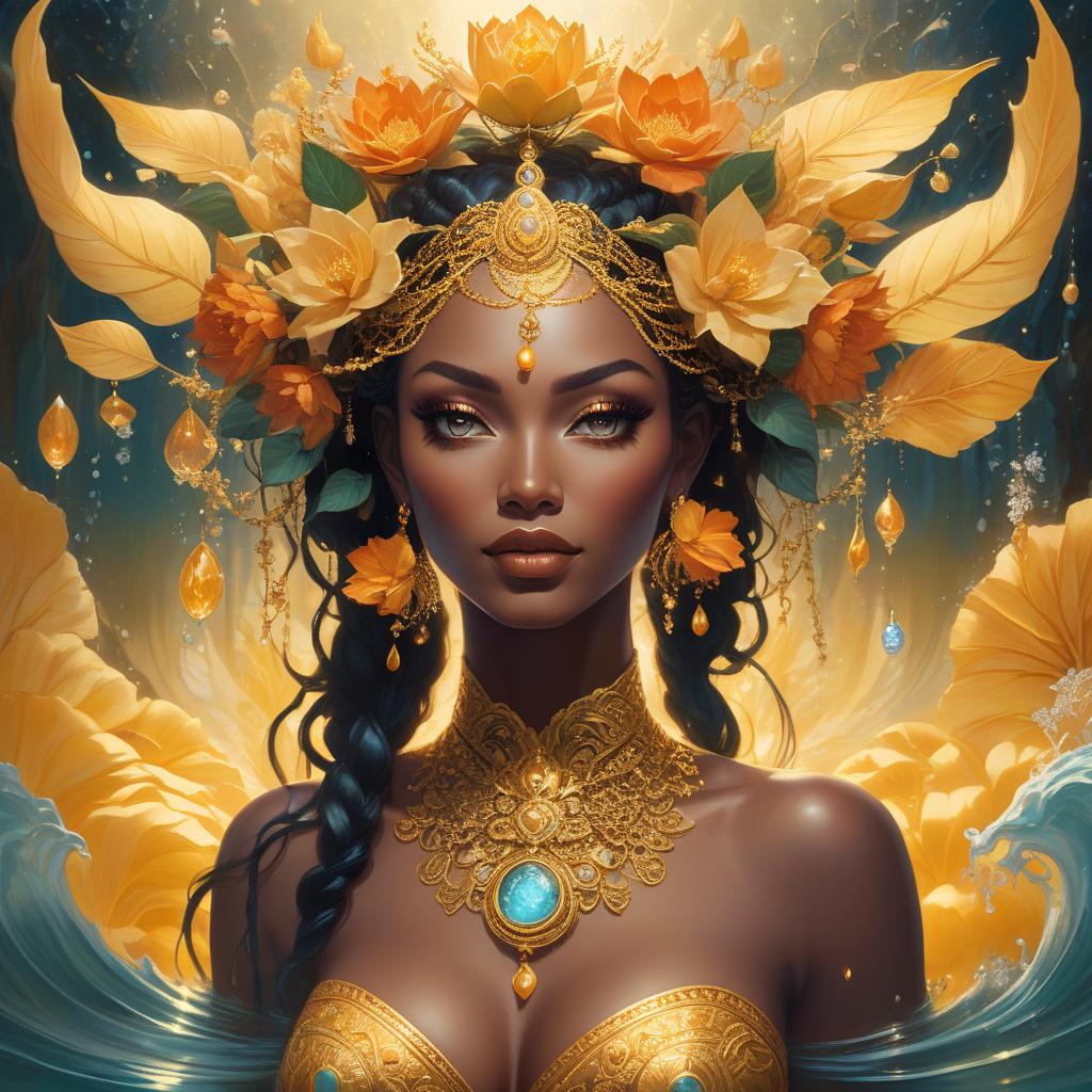  A fantasy portrait of a woman adorned with golden floral ornaments, surrounded by a mystical, luminous landscape with water elements. An insanely hyperdetailed whimsical fantasical painting of the Goddess Oshun, the Yoruba goddess of love, fertility, and rivers. She is typically depicted as a beautiful woman adorned with gold and surrounded by flowing water. Genres: Fantasy, Mythology. Styles: Whimsical, Surreal. Techniques: Hyperrealism, Digital Painting. Lights: Warm and Radiant. Colors: Golden yellows, bright oranges, warm browns, and deep blues. Descriptive terms: Lush, Opulent, Serene, Mystical, and Nurturing. This masterpiece digital artwork would be best painted by artists such as Tara McPherson, Audrey Kawasaki, Nicoletta Ceccoli, M hyperrealistic, full body, detailed clothing, highly detailed, cinematic lighting, stunningly beautiful, intricate, sharp focus, f/1. 8, 85mm, (centered image composition), (professionally color graded), ((bright soft diffused light)), volumetric fog, trending on instagram, trending on tumblr, HDR 4K, 8K