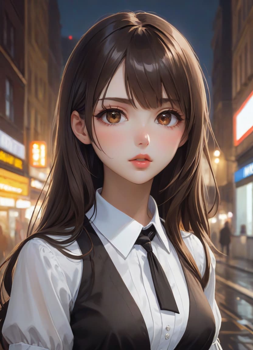  anime artwork beautiful , , oblique bangs, a mole under the lower lip in the middle of the chin. white skinned, European, brown eyes, long brown straight hair, side bangs, mole under the lower lip, slender figure, small neat s, dressed in a black dress with a white collar and white cuffs, full length, against the backdrop of a modern city. Skyscrs of Moscow City (photorealism, oil painting: 1.3), (full length shot: 1.3), charming , long flowing black hair, (large sensual mouth: 1.2), plump lips, sparkling brown eyes , narrow waist, (sensual drawing: 1.2), silvery glow, ethereal aura, detailed brushwork, intricate shadows and highlights, mysterious and captivating expression, unique color palette, masterf hyperrealistic, full body, detailed clothing, highly detailed, cinematic lighting, stunningly beautiful, intricate, sharp focus, f/1. 8, 85mm, (centered image composition), (professionally color graded), ((bright soft diffused light)), volumetric fog, trending on instagram, trending on tumblr, HDR 4K, 8K