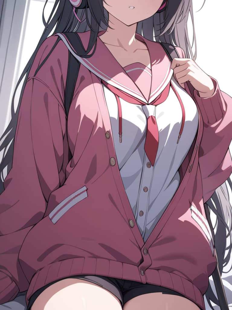  BLACK LONG HAIR, pink sailor suit, pink cardigan, headphones, Pokemon, masterpiece, best quality,8k,ultra detailed,high resolution,an extremely delicate and beautiful,hyper detail