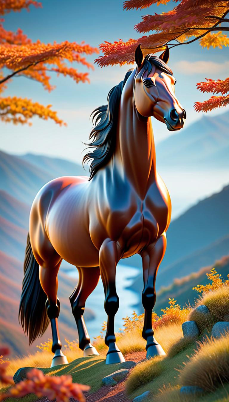  Professional 3D model of A beautiful, graceful, realistic horse stands on top of a mountain and looks out over the sea. It's autumn and leaves are blowing in the wind. The horse stands under a tree. The horse has Long hair. . Rendered with Octane, the model is highly detailed,dramatic lighting. hyperrealistic, full body, detailed clothing, highly detailed, cinematic lighting, stunningly beautiful, intricate, sharp focus, f/1. 8, 85mm, (centered image composition), (professionally color graded), ((bright soft diffused light)), volumetric fog, trending on instagram, trending on tumblr, HDR 4K, 8K