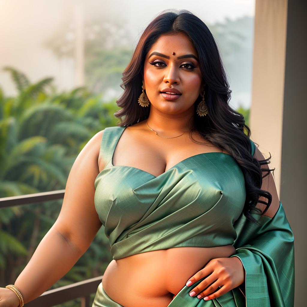  A young chubby indian woman in saree pallu drapery,  side pose, bbw, big boobs size hyperrealistic, full body, detailed clothing, highly detailed, cinematic lighting, stunningly beautiful, intricate, sharp focus, f/1. 8, 85mm, (centered image composition), (professionally color graded), ((bright soft diffused light)), volumetric fog, trending on instagram, trending on tumblr, HDR 4K, 8K