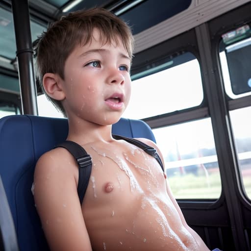  a very sweaty very young boy, caught on a public bus, is discovered by the viewer. The young 's face is rendered in exquisite detail, a look of and arousal as he realizes he's been caught the boy on the bus seat lets out a stream of warm, viscous liquid shooting out from his huge engorged erect tip coating his and splattering onto the floor of the bus, the pinnacle of his is his sweaty features, high-angle shot, dramatic angle, extreme angle shot, photo-realistic, volumetric fog, 85mm lens, HDR, cinematic