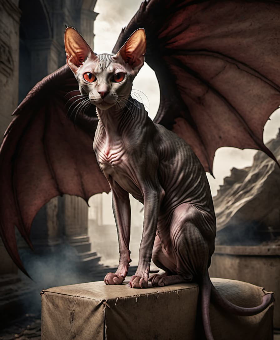  grunge style A sphinx cat, red demonic eyes, leathery demonic wings. . textured, distressed, vintage, edgy, punk rock vibe, dirty, noisy, on parchment hyperrealistic, full body, detailed clothing, highly detailed, cinematic lighting, stunningly beautiful, intricate, sharp focus, f/1. 8, 85mm, (centered image composition), (professionally color graded), ((bright soft diffused light)), volumetric fog, trending on instagram, trending on tumblr, HDR 4K, 8K