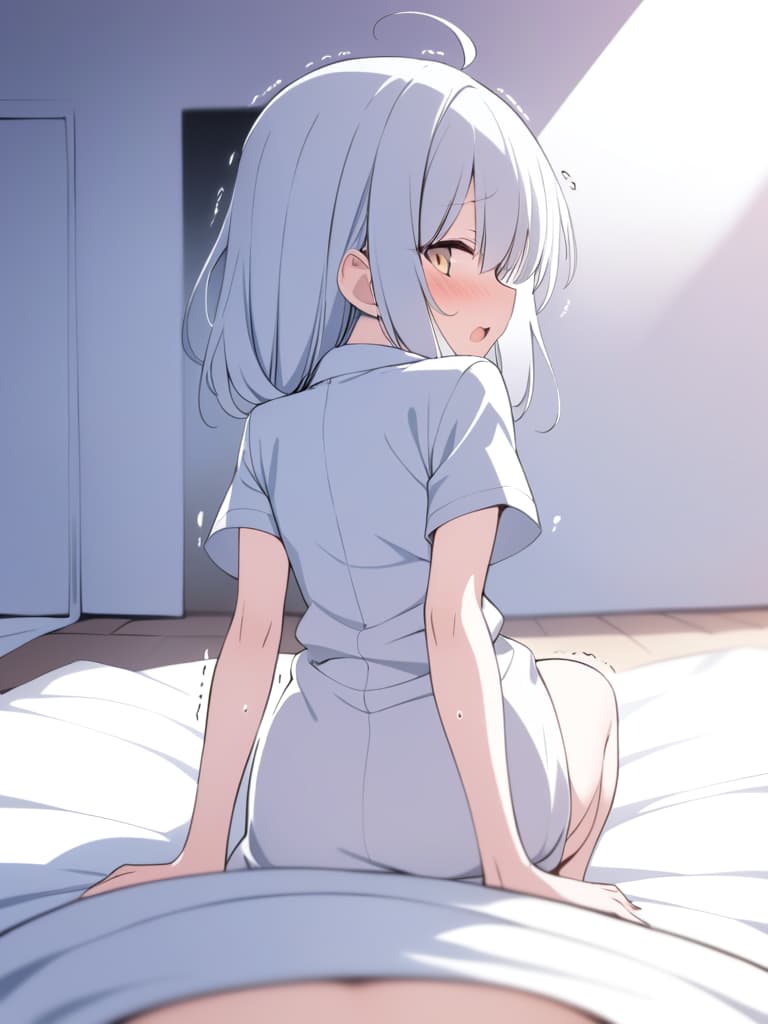  ,(POV,motion blur of intense from behind:1.3), style,all fours,shaped legs,open legs,(lean back:1.2),l with ,(bare viewer,full by),a Japanese ,very cute face,look back,profile,early s,(blush:1.1), uniform,,( in :1.2),(trembling,intense :1.2),(gasp:1.3),open mouth,get ,looks happy,bare ,on the white sheet of bed, with cinematic setting sunlight,viewer between her legs,, masterpiece, best quality,8k,ultra detailed,high resolution,an extremely delicate and beautiful,hyper detail