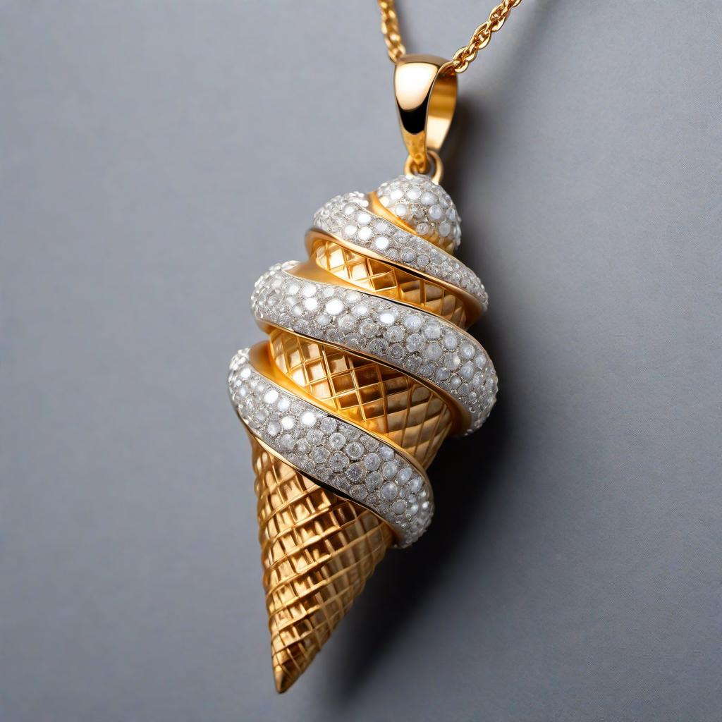  A diamond-encrusted ice cream cone pendant. The pendant should have an intricately designed cone studded with sparkling diamonds. The ice cream part should look like a swirl of ice cream, also covered in diamonds, giving it a luxurious and elegant appearance. The entire pendant should have a shiny and polished finish, reflecting light brilliantly. hyperrealistic, full body, detailed clothing, highly detailed, cinematic lighting, stunningly beautiful, intricate, sharp focus, f/1. 8, 85mm, (centered image composition), (professionally color graded), ((bright soft diffused light)), volumetric fog, trending on instagram, trending on tumblr, HDR 4K, 8K