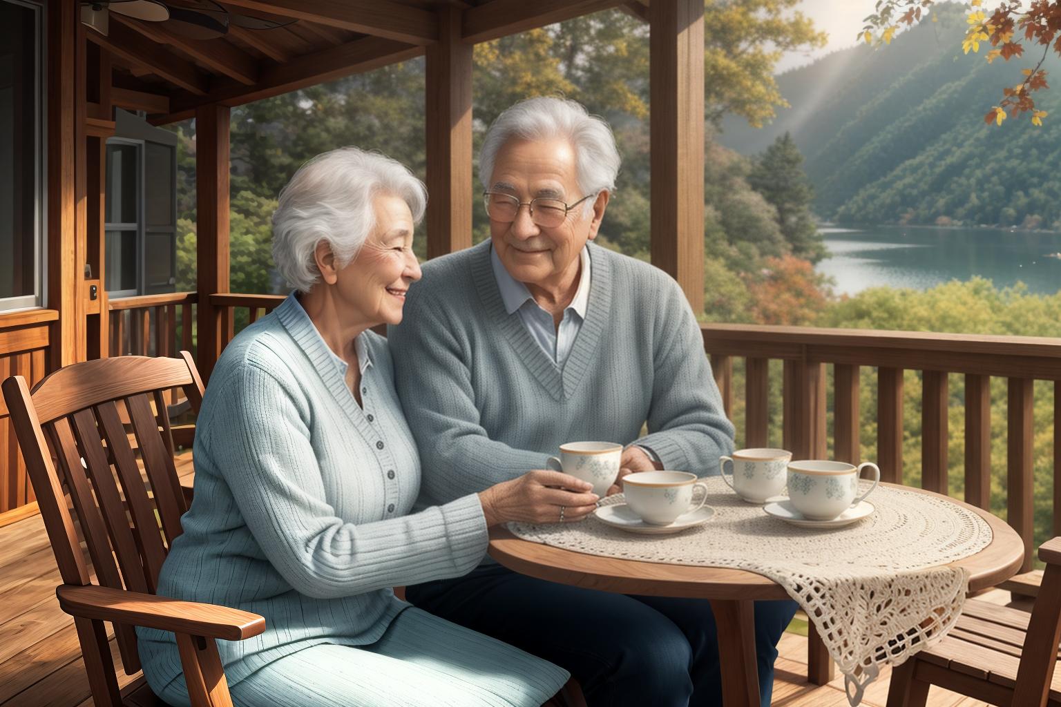  "Closeup of a serene elderly couple sitting on a cozy porch, overlooking a picturesque landscape with rolling hills, a calm lake, and vibrant autumn foliage. The couple is smiling, exuding contentment and peace. The porch is adorned with comfortable chairs and a small table with a teapot and cups. The background is detailed yet subtle, enhancing the tranquility without distracting from the couple. The image is realistic, high quality, and warmly lit, capturing the essence of an ideal retirement. Style modifiers: ultra realistic, high resolution, warm tones. Quality modifiers: 8K, HDR, photorealistic. Mood: peaceful, content, inviting."Ensure no face,leg,hand or eye defomities.Ensure all images are clear, detailed, contains no text and no de hyperrealistic, full body, detailed clothing, highly detailed, cinematic lighting, stunningly beautiful, intricate, sharp focus, f/1. 8, 85mm, (centered image composition), (professionally color graded), ((bright soft diffused light)), volumetric fog, trending on instagram, trending on tumblr, HDR 4K, 8K