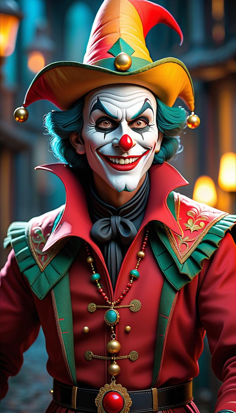  Professional 3D model of a sinister jester in a dark carnival. Dark, mysterious, scary, haunting, dramatic, ornate, detailed. . Rendered with Octane, the model is highly detailed,dramatic lighting. hyperrealistic, full body, detailed clothing, highly detailed, cinematic lighting, stunningly beautiful, intricate, sharp focus, f/1. 8, 85mm, (centered image composition), (professionally color graded), ((bright soft diffused light)), volumetric fog, trending on instagram, trending on tumblr, HDR 4K, 8K