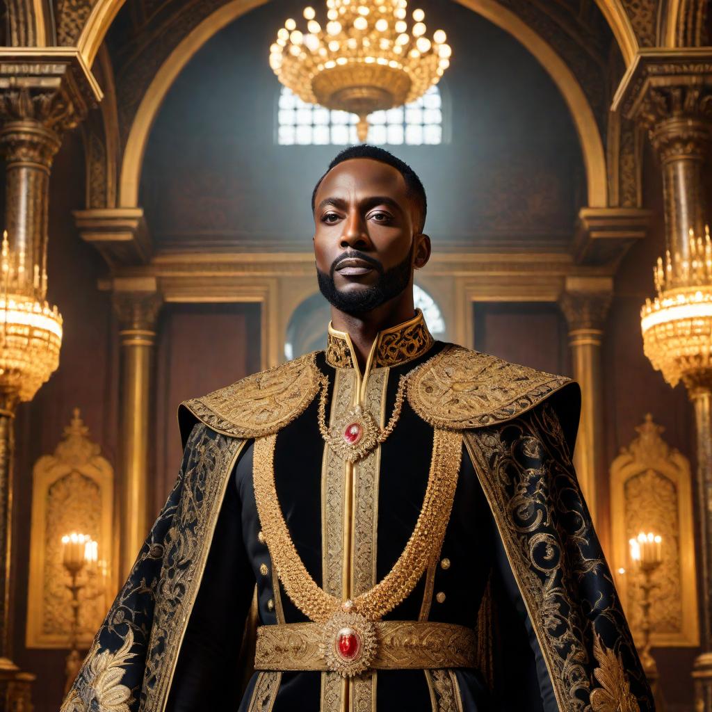  A majestic black king wearing a golden crown and royal robes. He stands tall and proud on a grand throne with intricate designs. The background should include an opulent palace interior, with elaborate architectural details, rich tapestries, and glowing chandeliers, all accentuating the regality and power of the black king. hyperrealistic, full body, detailed clothing, highly detailed, cinematic lighting, stunningly beautiful, intricate, sharp focus, f/1. 8, 85mm, (centered image composition), (professionally color graded), ((bright soft diffused light)), volumetric fog, trending on instagram, trending on tumblr, HDR 4K, 8K