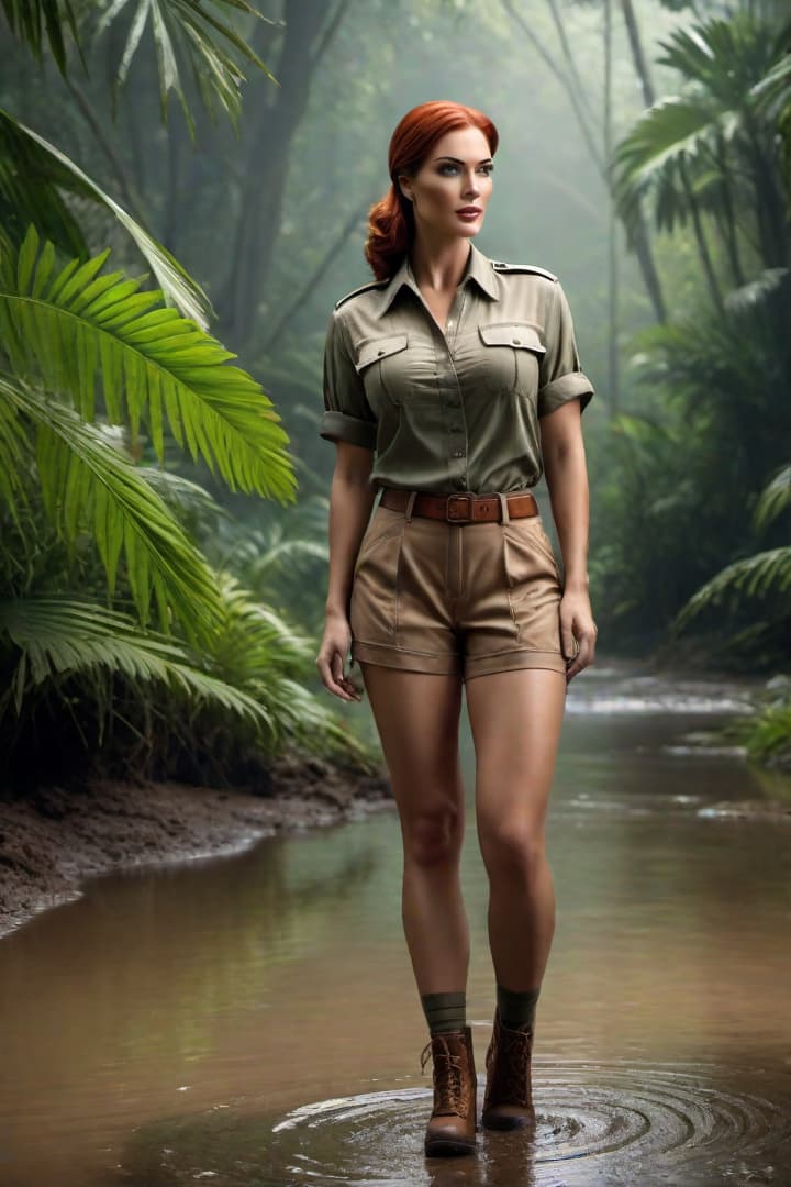  1930’s era young female,auburn haired,jungle explorer ,,wearing her khaki shorts and shirt with khaki knee socks ,standing waist high in mud hyperrealistic, full body, detailed clothing, highly detailed, cinematic lighting, stunningly beautiful, intricate, sharp focus, f/1. 8, 85mm, (centered image composition), (professionally color graded), ((bright soft diffused light)), volumetric fog, trending on instagram, trending on tumblr, HDR 4K, 8K