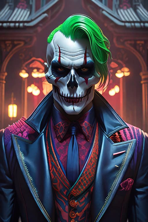  Hyper realistic art skull joker demon concept art portrait by Casey Weldon, Olga Kvasha, Miho Hirano, hyperdetailed intricately detailed gothic art trending on Artstation triadic colors Unreal Engine 5 detailed matte painting, deep color, fantastical, intricate detail, splash screen, complementary colors, fantasy concept art, 8k resolution, gothic DeviantArt masterpiece . Extremely high resolution details, photographic, realism pushed to extreme, fine texture, incredibly lifelike hyperrealistic, full body, detailed clothing, highly detailed, cinematic lighting, stunningly beautiful, intricate, sharp focus, f/1. 8, 85mm, (centered image composition), (professionally color graded), ((bright soft diffused light)), volumetric fog, trending on instagram, trending on tumblr, HDR 4K, 8K