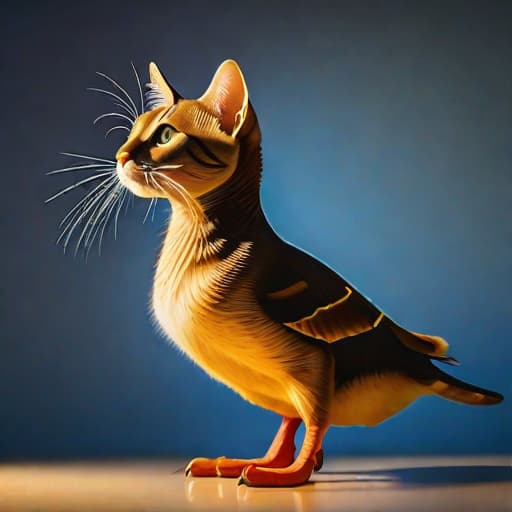  a cat riding a duck in Picasso styl hyperrealistic, full body, detailed clothing, highly detailed, cinematic lighting, stunningly beautiful, intricate, sharp focus, f/1. 8, 85mm, (centered image composition), (professionally color graded), ((bright soft diffused light)), volumetric fog, trending on instagram, trending on tumblr, HDR 4K, 8K