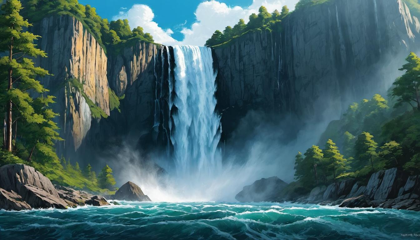  （surrealism)Powerful waterfall, cascading down cliffs, unstoppable motion, roaring sound, dynamic and overwhelming force mystic, intricate details, best quality)