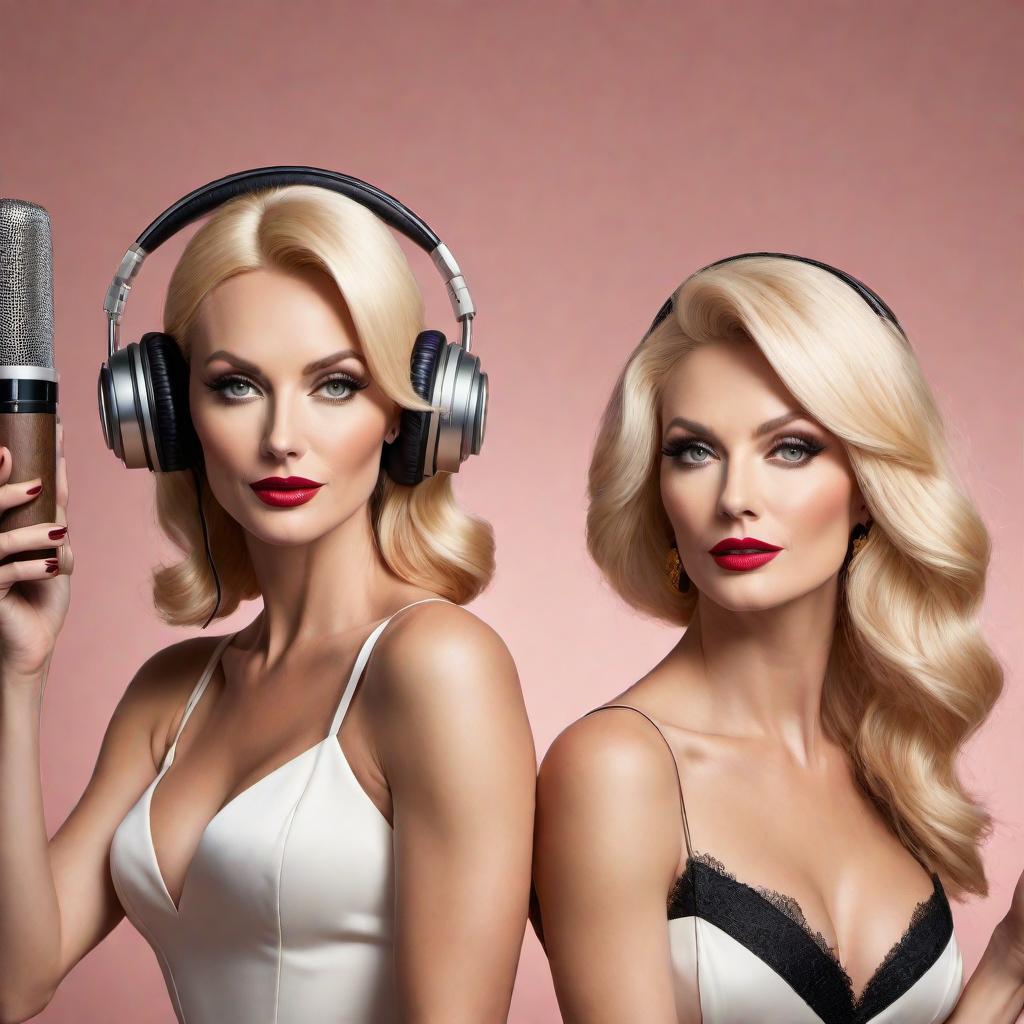  Create more vintage cartoon-style podcast covers featuring two distinct blonde women in their late 30s. The women should be elegantly dressed and reminiscent of vintage cartoon art. One can hold an espresso martini, and they should appear to be enjoying themselves in an upscale room set up for podcasting with microphones and headphones. The title 'Plotting Greatness' should be prominently displayed in each design. Use warm, inviting colors like gold, white, and soft pastels to give each design a refined and royal touch. Provide multiple design options exploring different variations and layouts, ensuring each cover is eye-catching and conveys a sense of success. hyperrealistic, full body, detailed clothing, highly detailed, cinematic lighting, stunningly beautiful, intricate, sharp focus, f/1. 8, 85mm, (centered image composition), (professionally color graded), ((bright soft diffused light)), volumetric fog, trending on instagram, trending on tumblr, HDR 4K, 8K