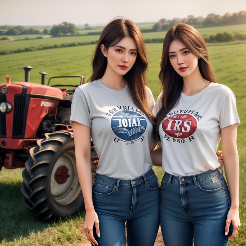  2 American GIRLS in tshirt and jeans portrait, FARMHOUSE, bulls in Background, Tractor in background, Clean face details hyperrealistic, full body, detailed clothing, highly detailed, cinematic lighting, stunningly beautiful, intricate, sharp focus, f/1. 8, 85mm, (centered image composition), (professionally color graded), ((bright soft diffused light)), volumetric fog, trending on instagram, trending on tumblr, HDR 4K, 8K