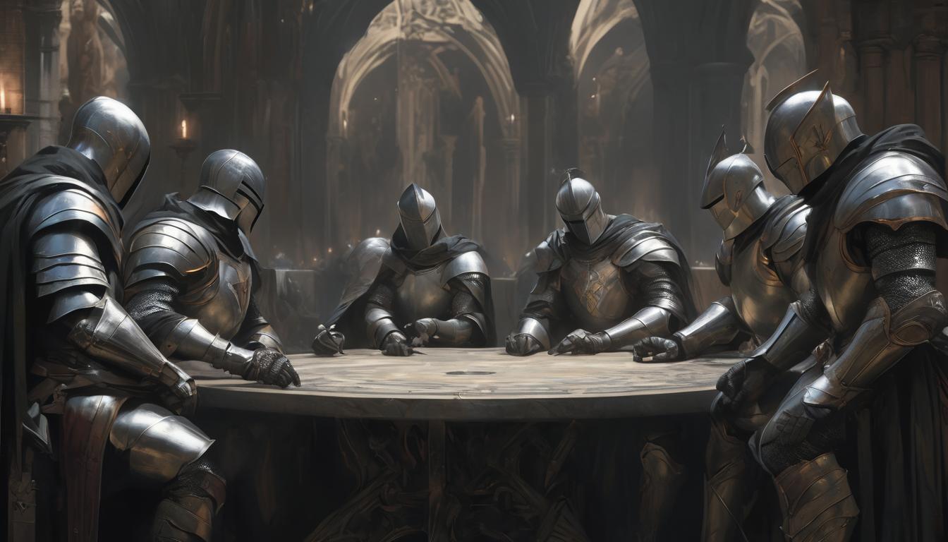  hyperrealism,fantasy aestheticA circular table, knights depicted in discussion, each knight's attire showing different ranks, background of medieval architecture, equitable, collaborative, high tech clothing clad in sleek, futuristic costume with metallic accents and form fitting designs, marvel superhero comics style, unreal engine rendering