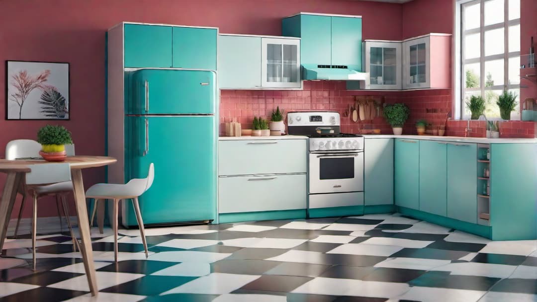  Retro 80's kitchen with vintage appliances: bold colored refrigerator and oven, checkered flooring, laminate countertops, pastel color scheme, and wood paneling. additional guidelines  hyperrealistic, full body, detailed clothing, highly detailed, cinematic lighting, stunningly beautiful, intricate, sharp focus, f/1. 8, 85mm, (centered image composition), (professionally color graded), ((bright soft diffused light)), volumetric fog, trending on instagram, trending on tumblr, HDR 4K, 8K