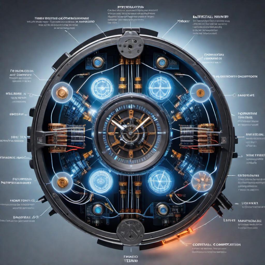  Schematic diagram of the electrical system for a hypothetical machine capable of breaking time and space. The diagram should include: - Power core for manipulating time and space - High-energy power sources - Quantum processors for time-space calculations - Interfaces for user control - Safety and stabilization circuits - Futuristic design elements - Annotated components for clarity hyperrealistic, full body, detailed clothing, highly detailed, cinematic lighting, stunningly beautiful, intricate, sharp focus, f/1. 8, 85mm, (centered image composition), (professionally color graded), ((bright soft diffused light)), volumetric fog, trending on instagram, trending on tumblr, HDR 4K, 8K