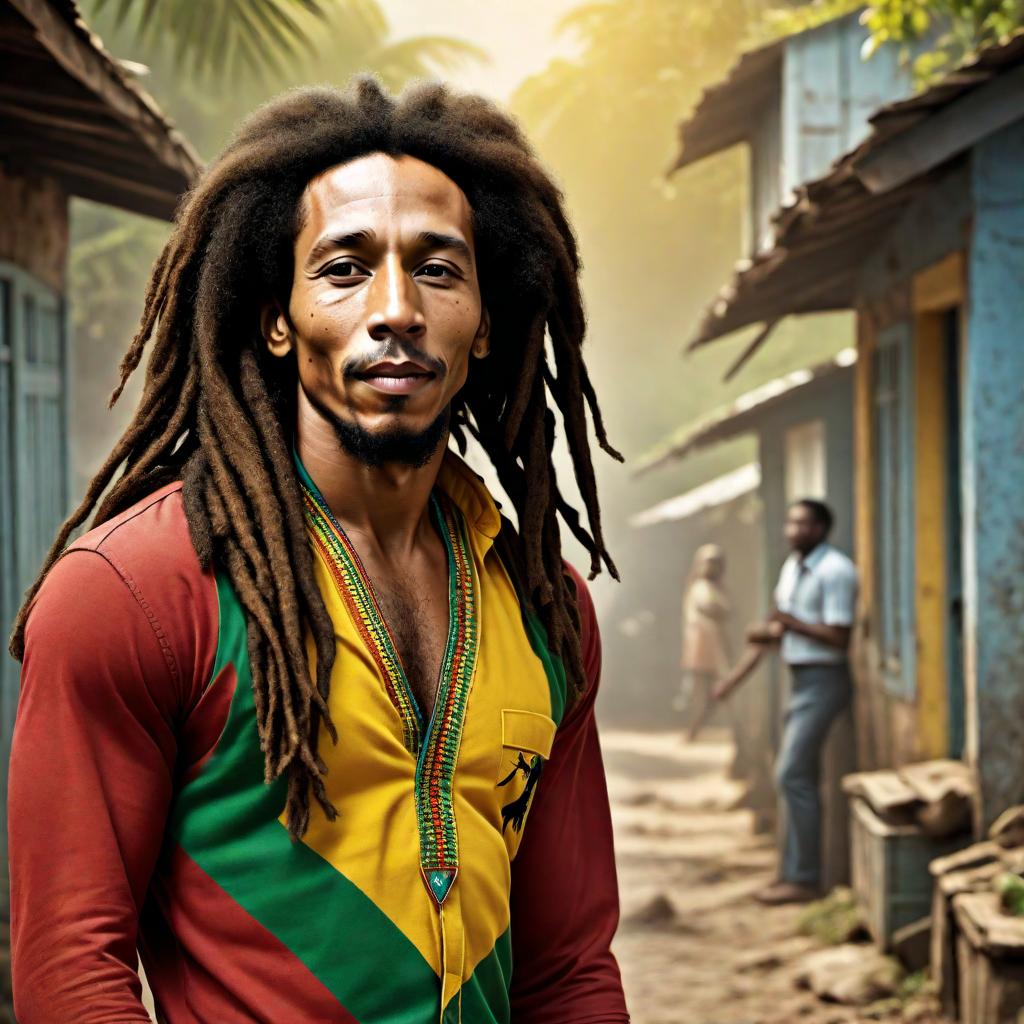  A highly realistic and artistic depiction of Bob Marley in Jamaica. Capture his iconic persona and musical spirit, with accurate facial features, skin tone, and iconic dreadlocks. Include elements that represent Jamaica, such as lush landscapes, vibrant colors, and cultural symbols, reflecting his legendary presence authentically. hyperrealistic, full body, detailed clothing, highly detailed, cinematic lighting, stunningly beautiful, intricate, sharp focus, f/1. 8, 85mm, (centered image composition), (professionally color graded), ((bright soft diffused light)), volumetric fog, trending on instagram, trending on tumblr, HDR 4K, 8K