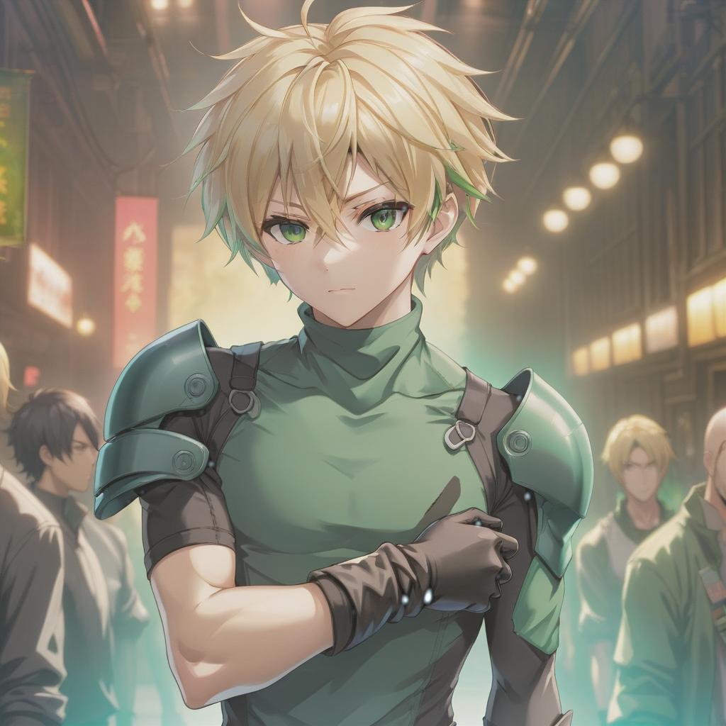  anime artwork Anime guy, blond, messy short hair, dark green sleeves to the shoulder. Bandages, black gloves. . anime style, key visual, vibrant, studio anime, highly detailed hyperrealistic, full body, detailed clothing, highly detailed, cinematic lighting, stunningly beautiful, intricate, sharp focus, f/1. 8, 85mm, (centered image composition), (professionally color graded), ((bright soft diffused light)), volumetric fog, trending on instagram, trending on tumblr, HDR 4K, 8K