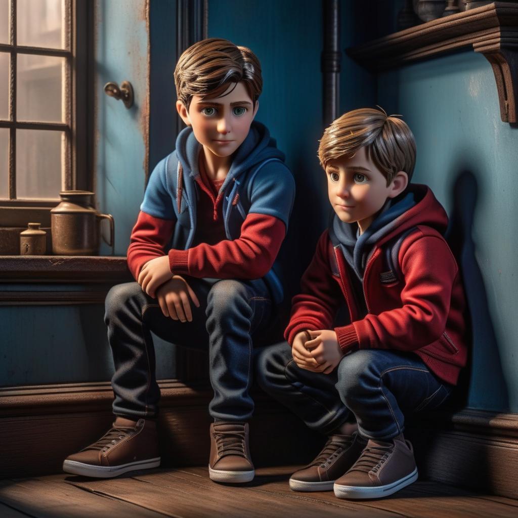  A and a brown haired boy of Scandinavian or Russian descent, hiding behind a corner. Both of them have exceptionally realistic faces, expressing fear. The is closer to the boy. The boy is wearing jeans, the is wearing a , and they're both wearing sneakers. A dark room of a large Victorian mansion with a pot stove in the center, from which bones are protruding and steam rises. The style is a mix of black red watercolor with the addition of cold blue colors. hyperrealistic, full body, detailed clothing, highly detailed, cinematic lighting, stunningly beautiful, intricate, sharp focus, f/1. 8, 85mm, (centered image composition), (professionally color graded), ((bright soft diffused light)), volumetric fog, trending on instagram, trending on tumblr, HDR 4K, 8K