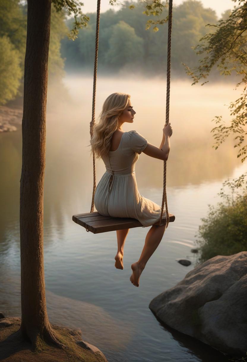  A girl is swinging on swings on long ropes over a river far away in the evening. She is swinging, the girl has light hair, she is facing away. hyperrealistic, full body, detailed clothing, highly detailed, cinematic lighting, stunningly beautiful, intricate, sharp focus, f/1. 8, 85mm, (centered image composition), (professionally color graded), ((bright soft diffused light)), volumetric fog, trending on instagram, trending on tumblr, HDR 4K, 8K