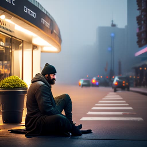 estilovintedois photo about homeless Cinematic Quality hyperrealistic, full body, detailed clothing, highly detailed, cinematic lighting, stunningly beautiful, intricate, sharp focus, f/1. 8, 85mm, (centered image composition), (professionally color graded), ((bright soft diffused light)), volumetric fog, trending on instagram, trending on tumblr, HDR 4K, 8K