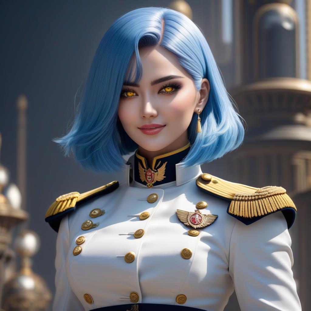  Girl, paladin, (full body), blue hair, bob cut, bright yellow eyes, hourglass figure, fully clothed, military uniform, (ceremonial uniform of the 19th century), white clothes, white cloak, (leggings), boots high topped, tight boots, shako, hat, belt, choker, epaulettes, awards, looks at viewer, looks down, evil grin, (extremely hyper detailed face), (masterpiece: 1.4), (perfect eyes: 1.1), (perfect hands), 2D, anime, extremely detailed clothes. hyperrealistic, full body, detailed clothing, highly detailed, cinematic lighting, stunningly beautiful, intricate, sharp focus, f/1. 8, 85mm, (centered image composition), (professionally color graded), ((bright soft diffused light)), volumetric fog, trending on instagram, trending on tumblr, HDR 4K, 8K