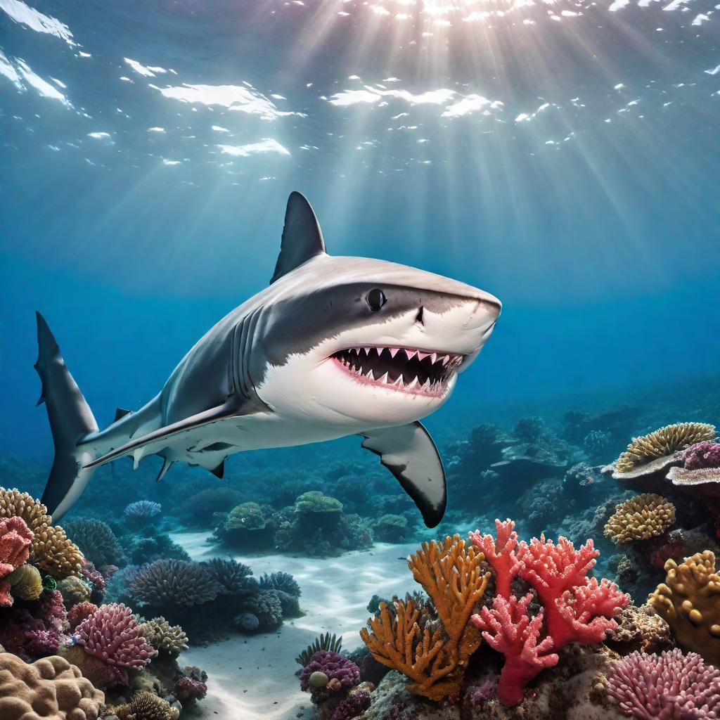  Create an image of a happy shark swimming in the ocean, with a big smile on its face and colorful coral reef in the background. hyperrealistic, full body, detailed clothing, highly detailed, cinematic lighting, stunningly beautiful, intricate, sharp focus, f/1. 8, 85mm, (centered image composition), (professionally color graded), ((bright soft diffused light)), volumetric fog, trending on instagram, trending on tumblr, HDR 4K, 8K